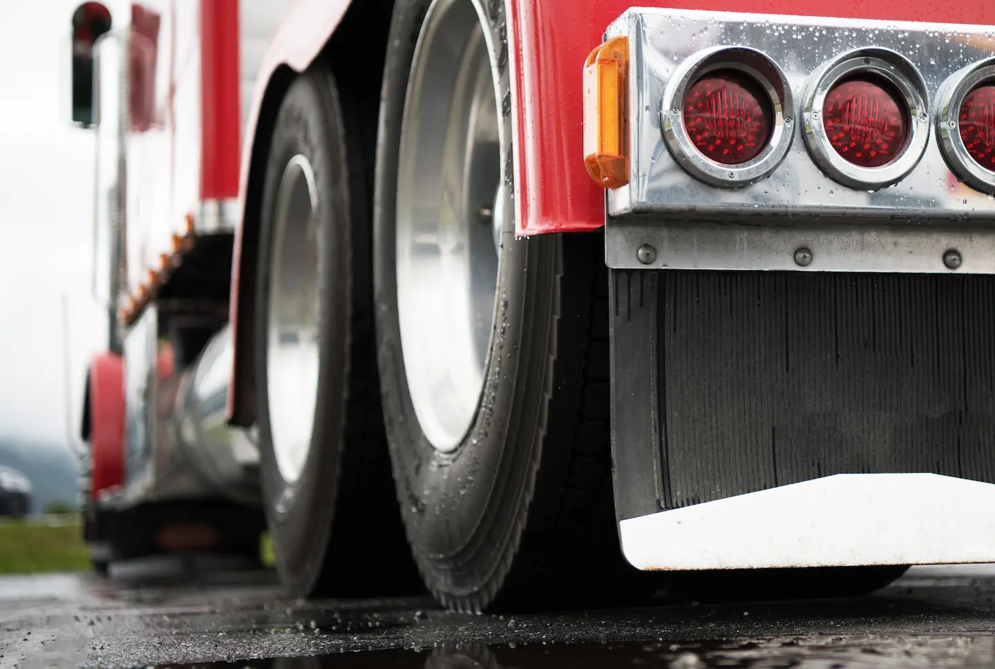 Rear view of semi truck, angle close to the pavement